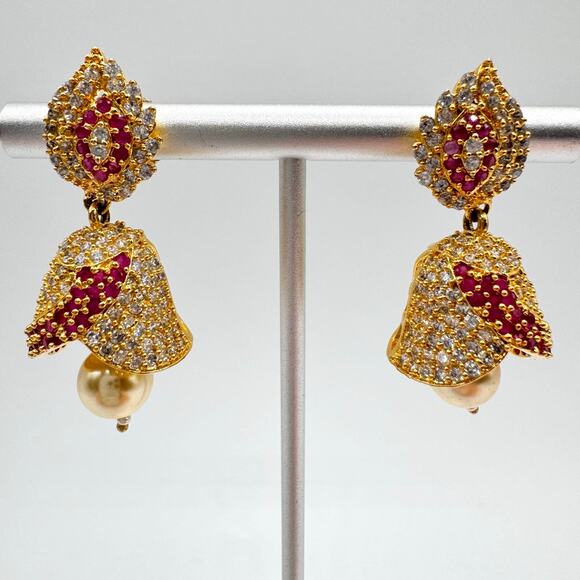 Jeweled Jhumka Drop Earrings Bell Chime Sound India Wedding CZ Ruby? Occasion - Picture 9 of 11